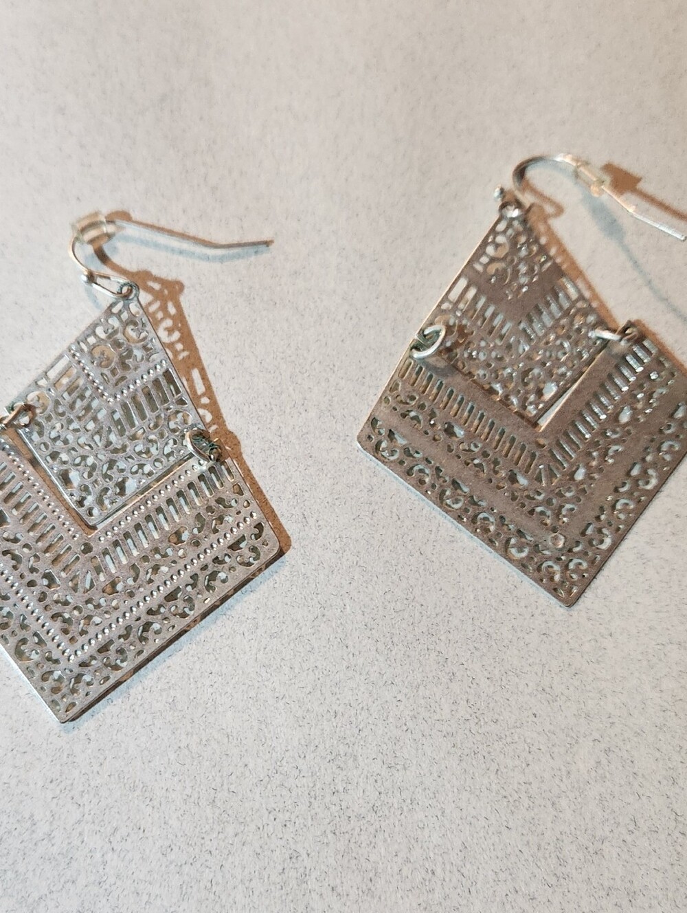 Rain Jewelry Co Shiny Silver Laser Cut Open Work Deco Filigree Drop Earrings - Picture 2 of 2